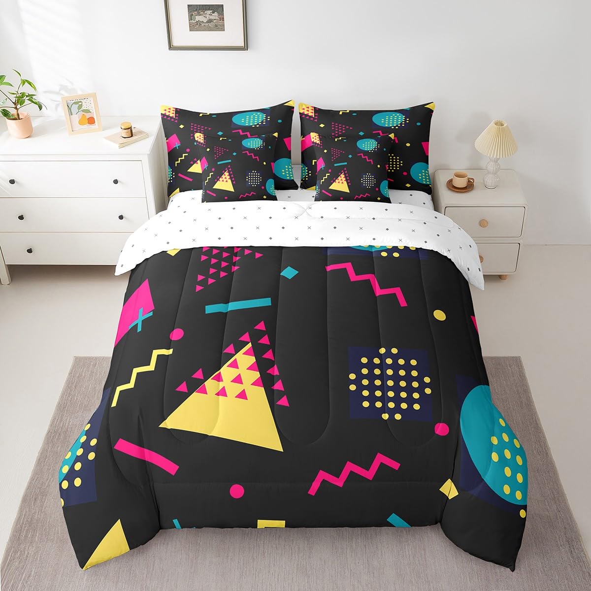 Parure de lit 7 pièces avec couette Memphis au motif géométrique rétro des années 80 et 90