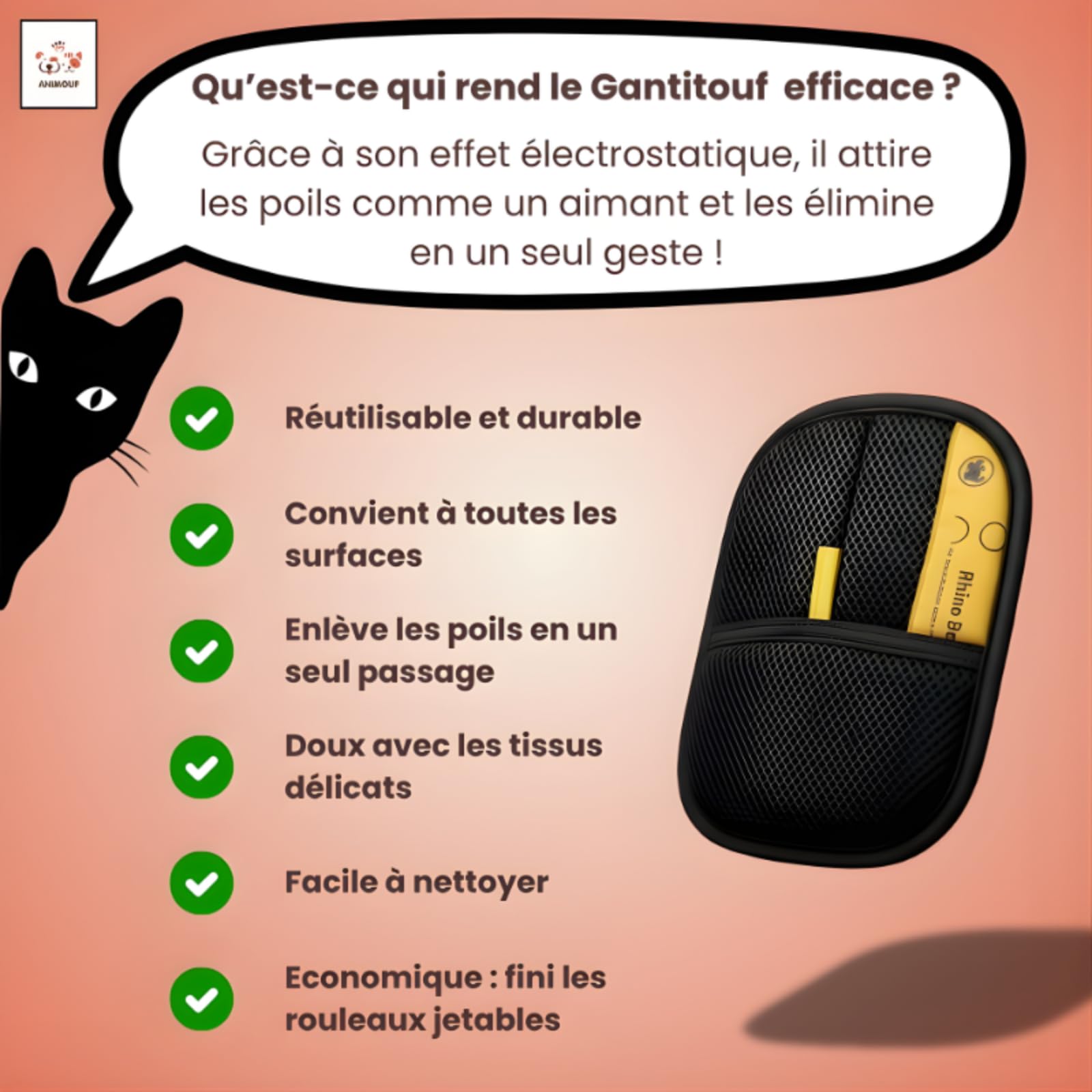 animouf Gantitouf Gants de toilettage pour Animaux – Brosse Double Face réutilisable pour Poils de Chat sur canapé