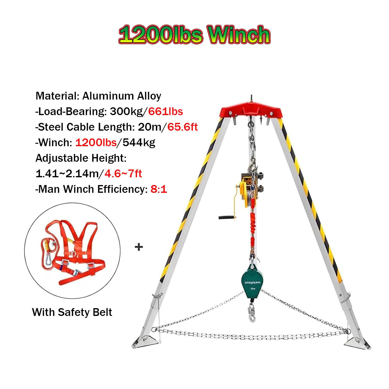 RayGenius De TríPode De Rescate con Cabrestante Y ArnéS De Seguridad para Espacios Confinados: Kit Plegable De Alta Resistencia para Pozos, Alcantarillas Y TúNeles,1200LBSWinch