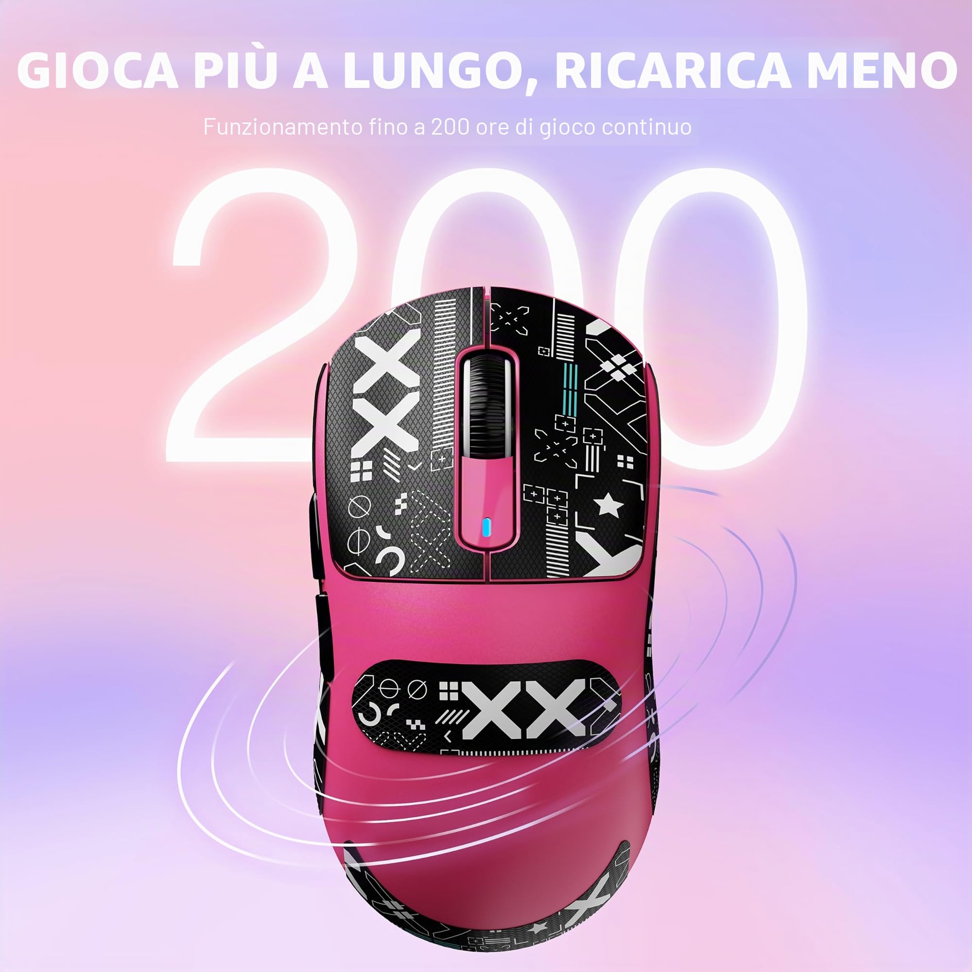 VGN GAMEPOWER ATTACK SHARK X3 SUPERLIGHT Mouse Gaming Wireless, 49g Ultraleggero Mouse da Gioco, PixArt PAW3395, 26000DPI, 2.4G/Bluetooth/Cablato, Mouse Grip Tape, Durata Batteria 200Hrs, Bacca Rossa