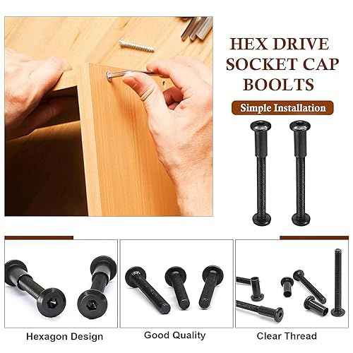 Vista 60 de 10 pares (20 piezas) M6 x 0.630 in Tornillo hexagonal con llave Allen, pernos de conector plateados para muebles, tornillos avellanados M6, tuercas