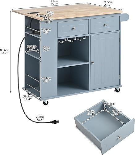 Miniatura 3 de LUMISOL Carros de cocina con ruedas con toma de corriente, carrito de isla de cocina con almacenamiento rodante con hojas caídas y estante para