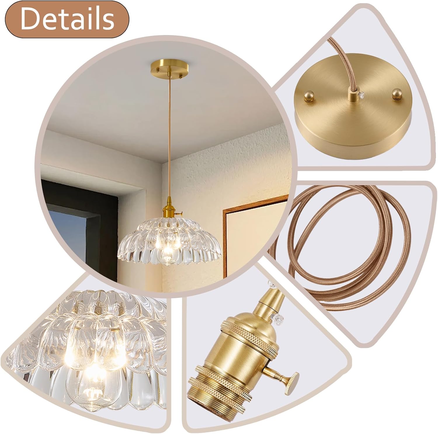 Clear Glass Pendant Light with Striped Shade, Adjustable Brass Vintage Hanging Light Fixture for Kitchen Island Sink Dining Room Ceiling Hallway Lighting