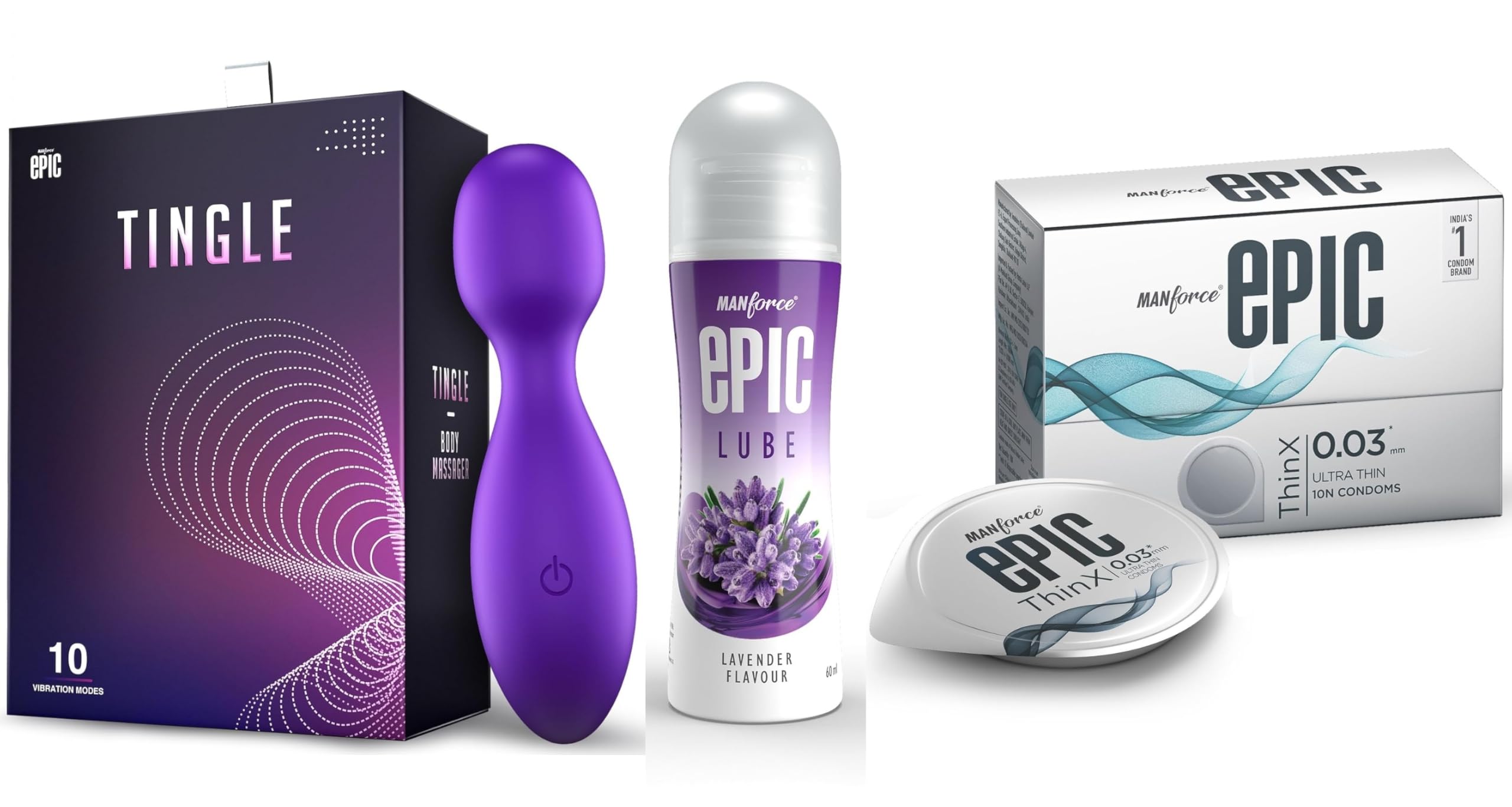 Manforce Epic Tingle Massager | 10 Vibration Modes,Epic Lube | Lavender | 60ml | Water-based & Epic ThinX | Ultra Thin Condoms with Easy Peel Pack | 10 Pcs-image-23