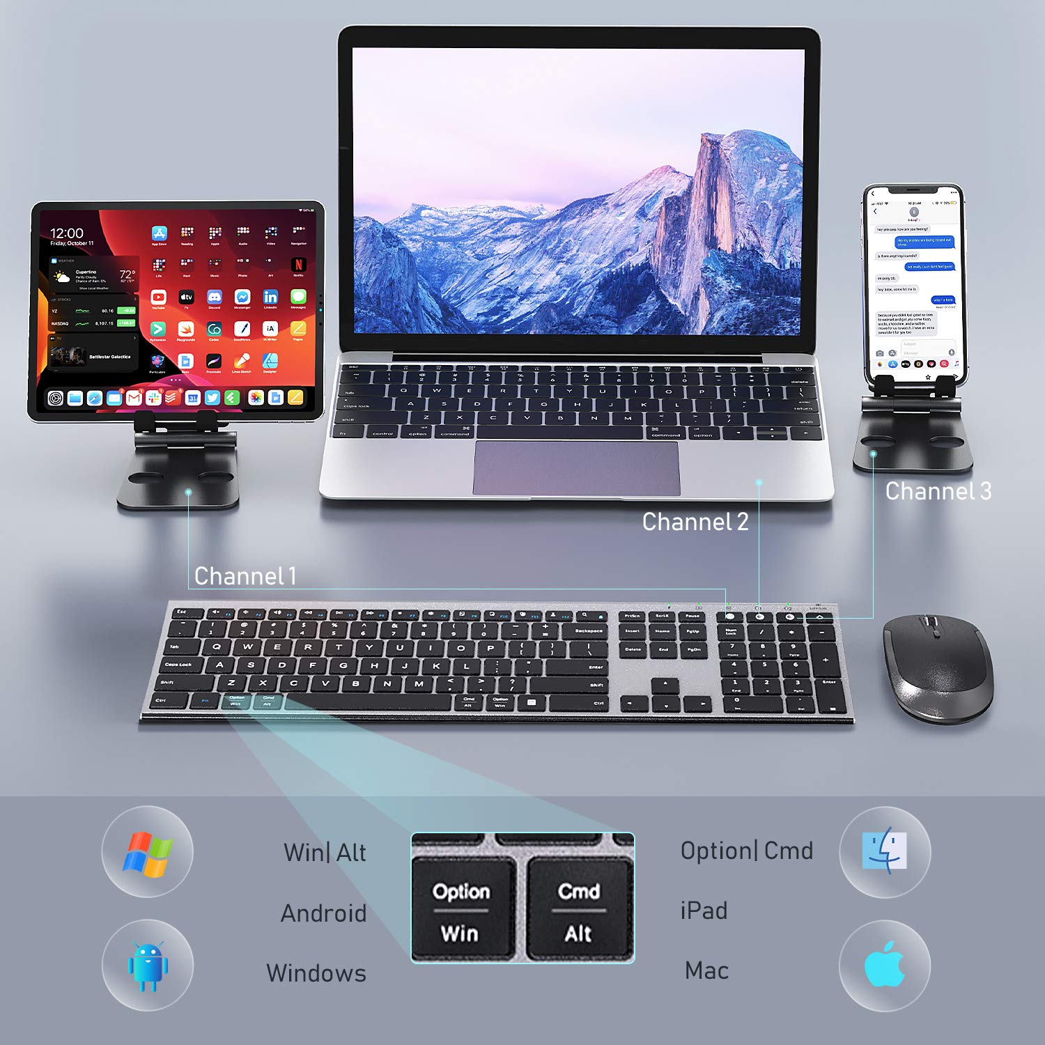 Bluetooth Keyboard Mouse, Multi-Device Wireless Keyboard Mouse Combo, Ultra Slim, Rechargeable, Dual-Mode(Bluetooth 4.0 + USB), for Windows/Mac OS (Space Gray)