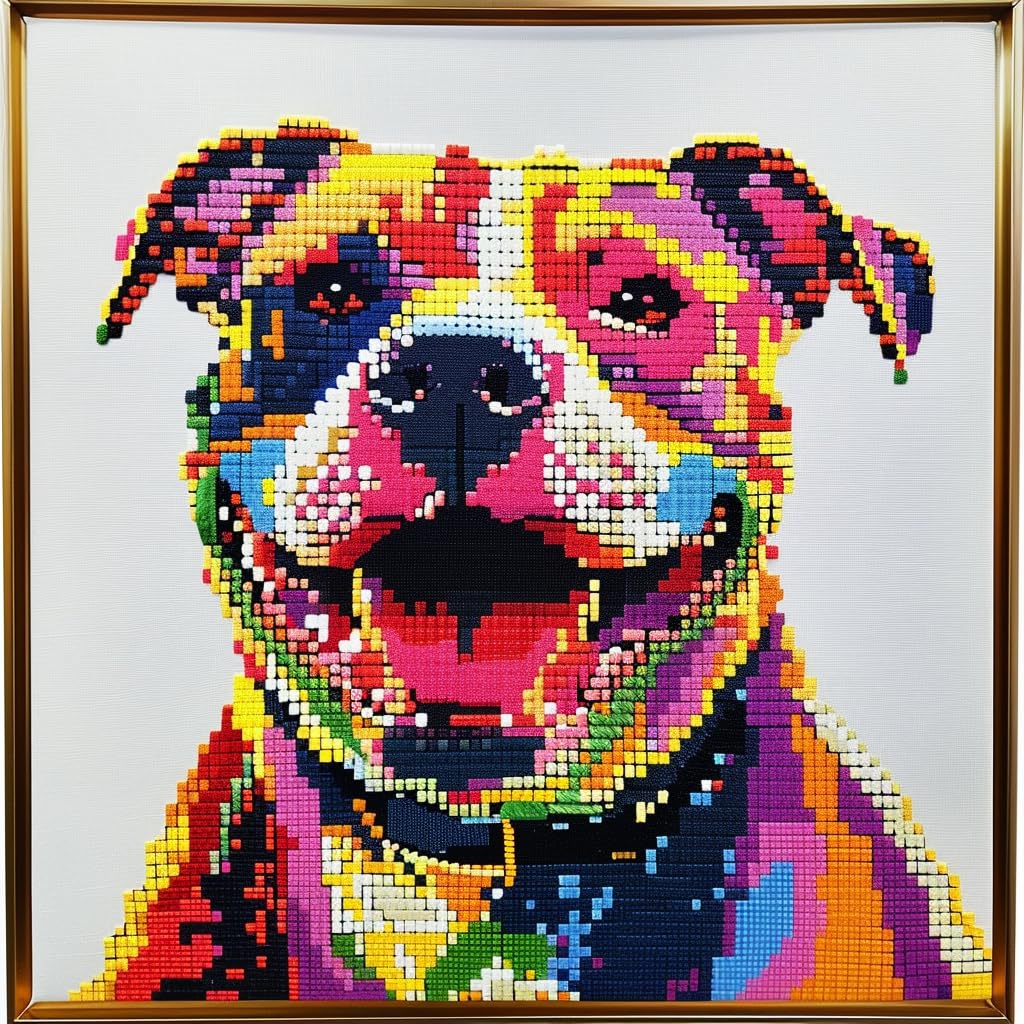Colorful Smile Dog Pitbull DIY 11CT Stamped Cross Stitch Kits for Beginners Easy Needlepoint Embroidery Counted Cross Stitch Art Craft for Wall Decoration 14x14inch(4)