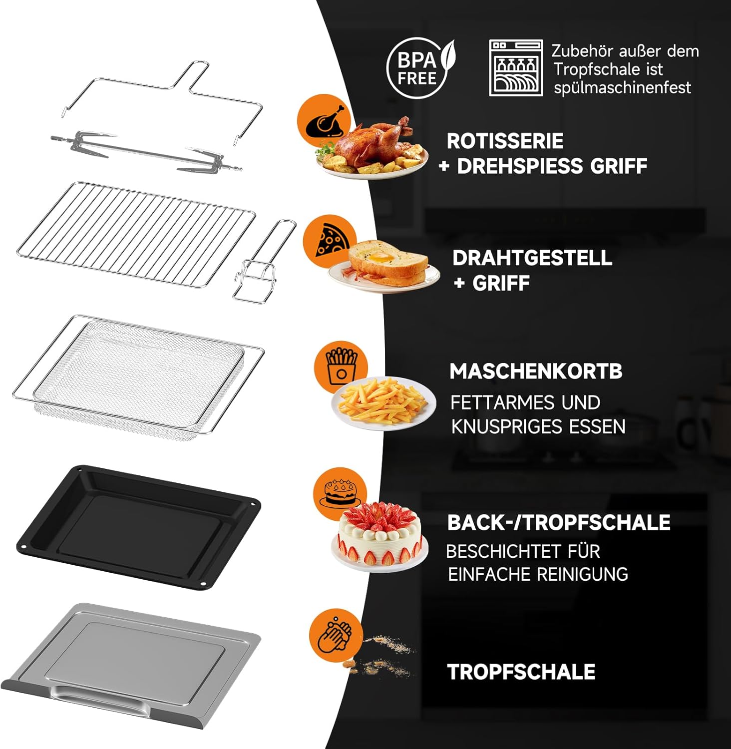 Image showing all 7 accessories included with the HOMELUX Air Fryer Oven: rotisserie spit, rotisserie handle, wire rack, wire rack handle, mesh basket, baking/drip tray, and drip tray.
