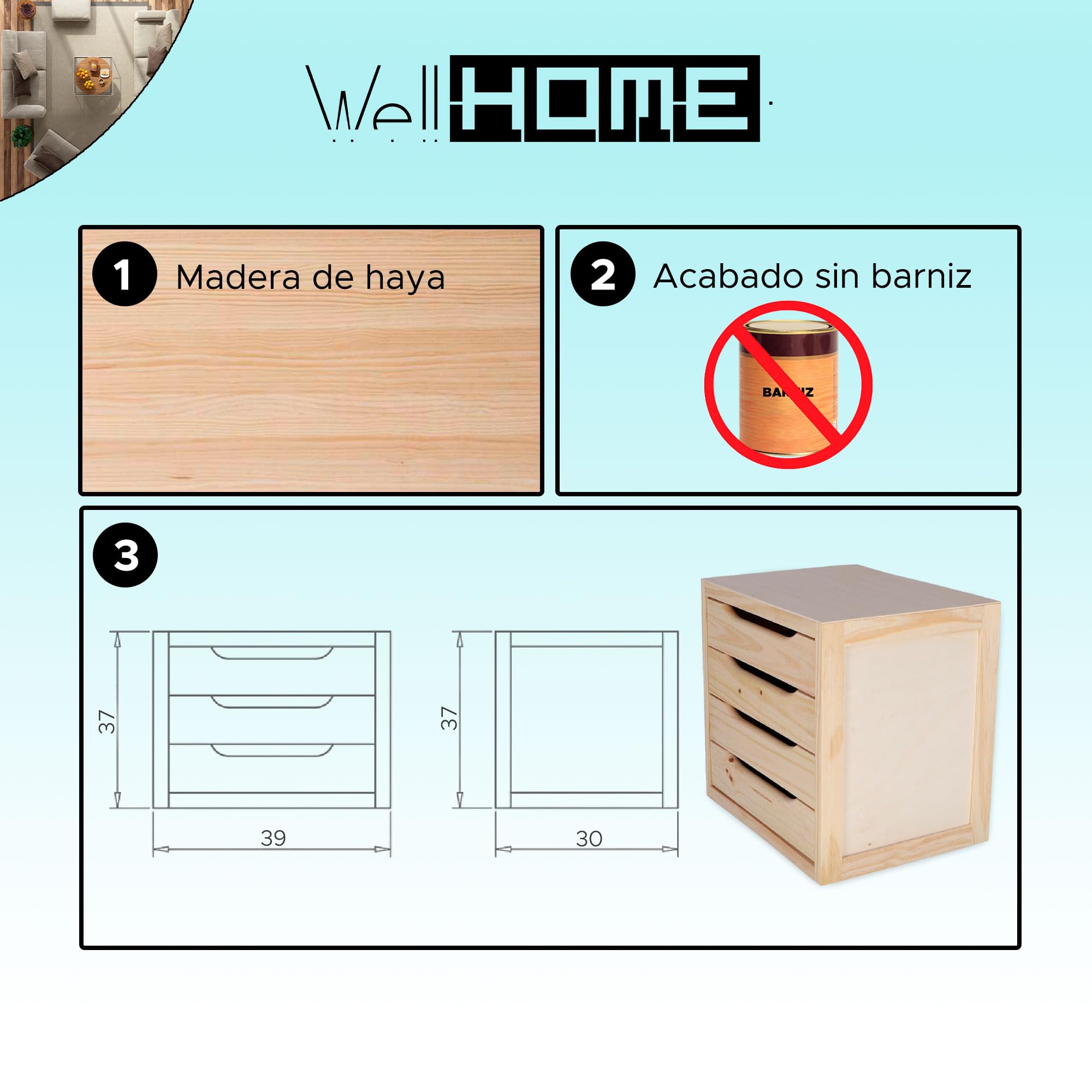 WELL HOME MOBILIARIO & DECORACIÓN Cassettiera 4 cassetti finitura senza vernice