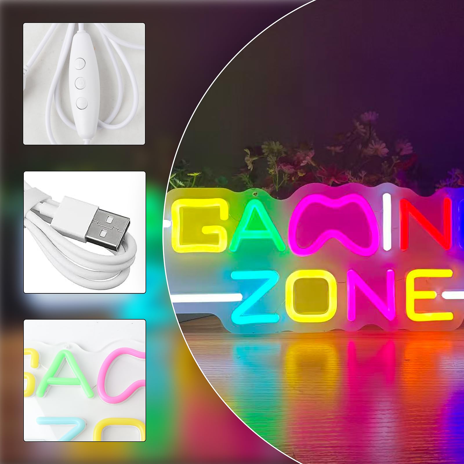 Gaming Zone Scritte Neon, Insegna Luminosa LED al Neon da Parete con USB Alimentazione, Scritta LED Dimmerabile per Sale Giochi, Grotta Dell'uomo, Regali per Giocatori Adolescenti e Adulti