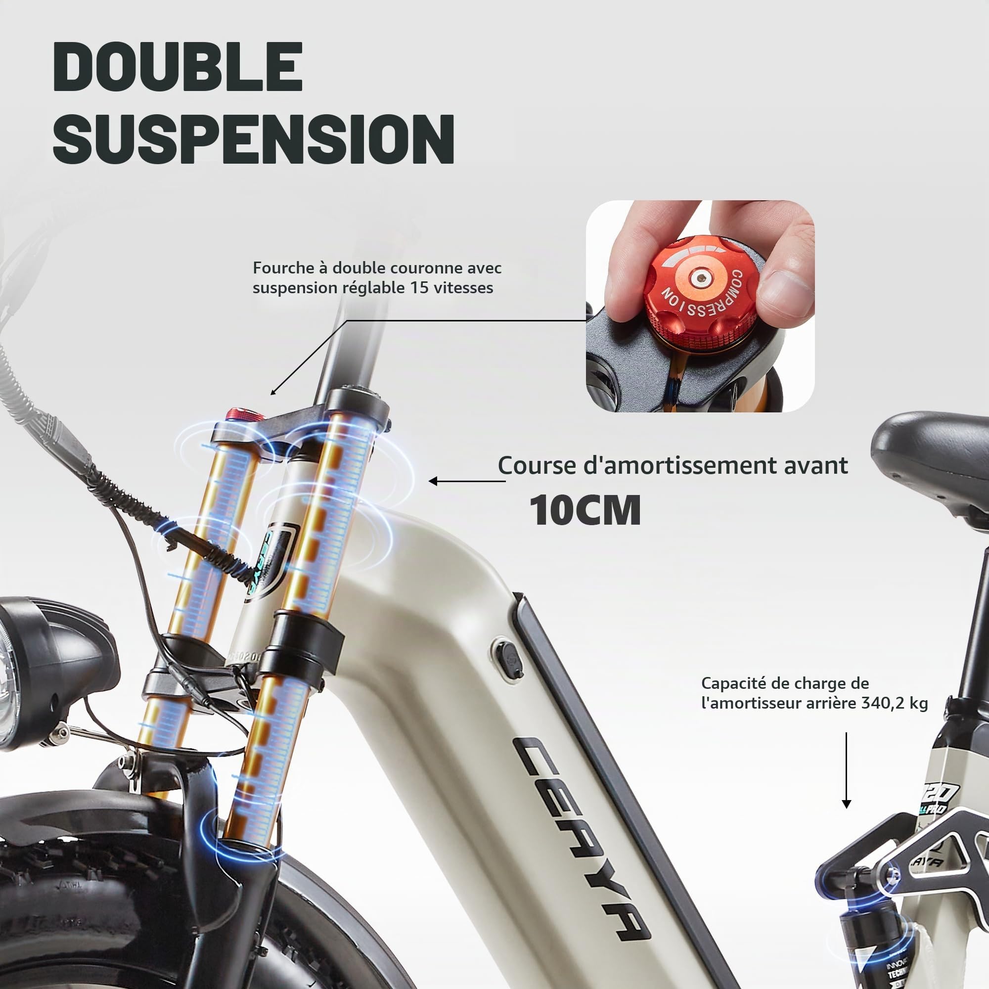 Vélo électrique pour Adultes VTT 20 Pouces E Bike avec Batterie 20 Ah, Double Suspension, 7 Vitesses, Gros Pneus Tout-Terrain, Autonomie jusqu'à 50-80 km