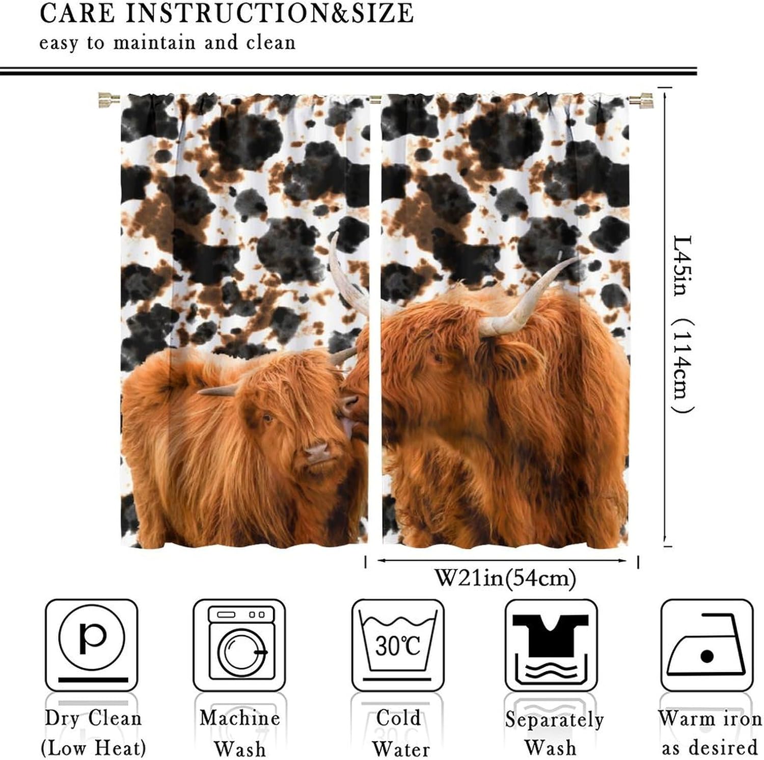 Highland Cattle Curtains, Farmhouse Western Wild Animal Milk Cow Fur Print Blackout Window Drapes Rustic Country Style Rod Pocket Window Treatments for Bedroom Living Room 42x45 Inch