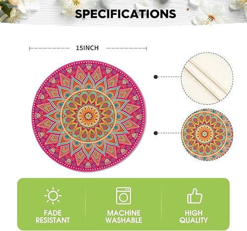 Miniatura 5 de Artoid Mode Juego de manteles individuales redondos de mandala rosa y amarillo de 14 pulgadas para decoración de fiestas, cocina, comedor