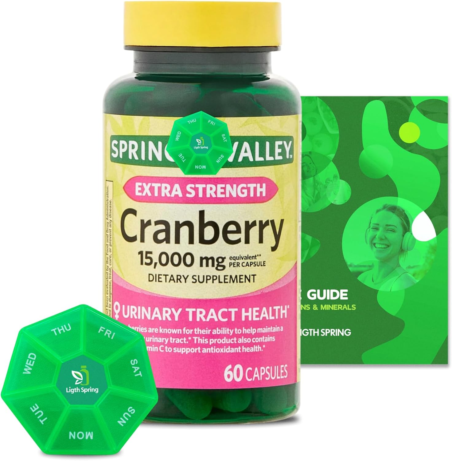 Extra Strength Cranberry Dietary Supplement 15,000mg, 60 Capsules with Bundle Exclusive Vitamins & Minerals - A to Z - Better Ligth&Spring Guide + Weekly Pill Organizer (3 Items)