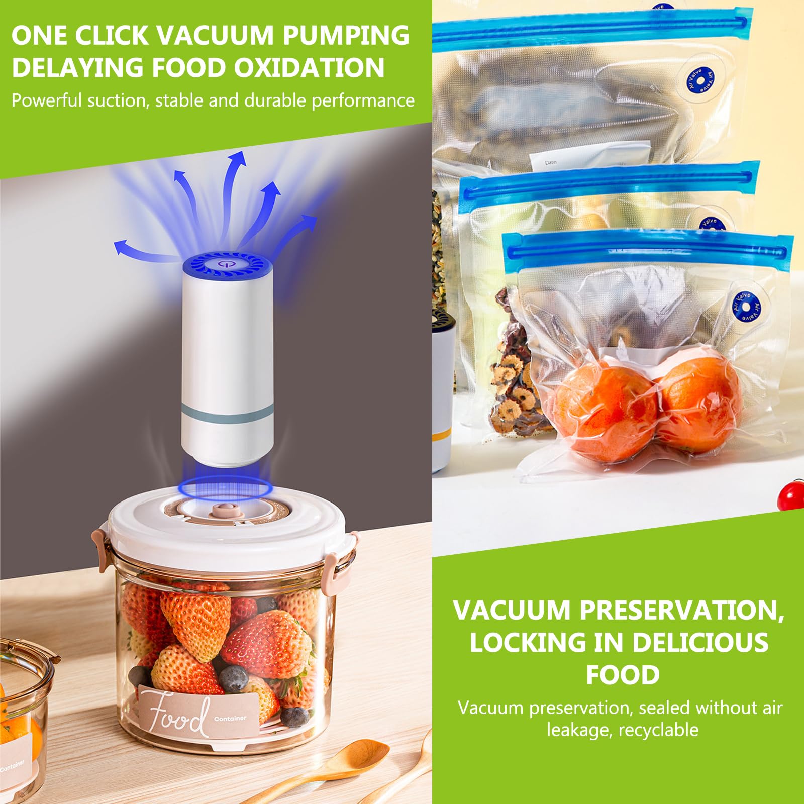 Vegena Vacuümsealer met 15 vacuümzakken, vacuümapparaat, mini-handvacuümpomp, elektrisch folielasapparaat, herbruikbaar, oplaadbaar, voor het bewaren van levensmiddelen (wit