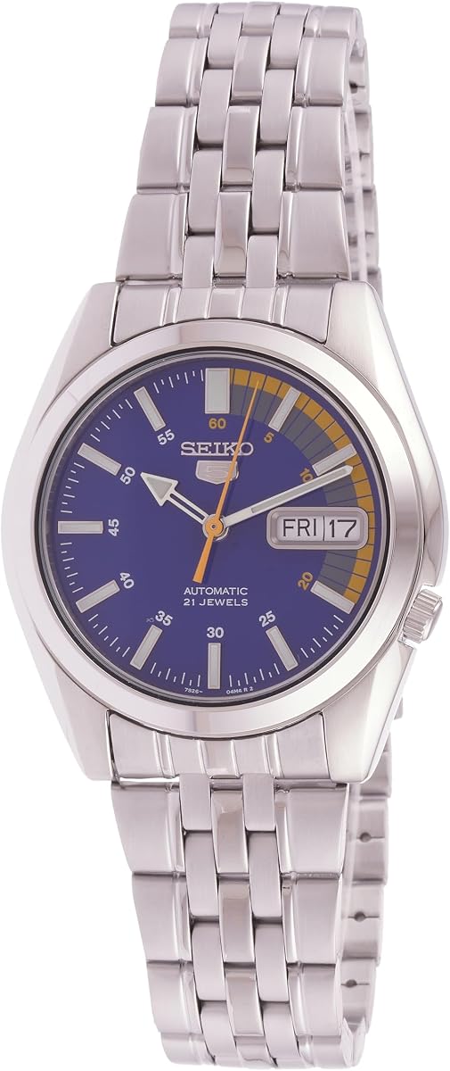 Seiko 5 Reloj automático para hombre de acero inoxidable plateado con esfera azul SNK371K1