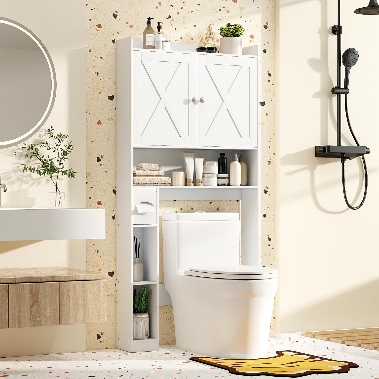 COSTWAY Armario de Almacenamiento sobre Inodoro, Estantería Organizadora con Doble Puerta, Portarrollos de Papel Higiénico y Estante Ajustable, Mueble Independiente para Baño Lavadero (Blanco)
