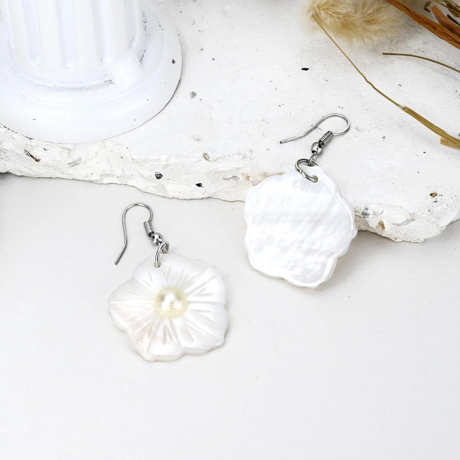 AeraVida Hand Carved Seashell Tropical Flower with Pearl Inlays Dangle Earrings | Natural Shell & White Metal Fish Hook Earrings | Handmade Beach Jewelry Gift - Image 5