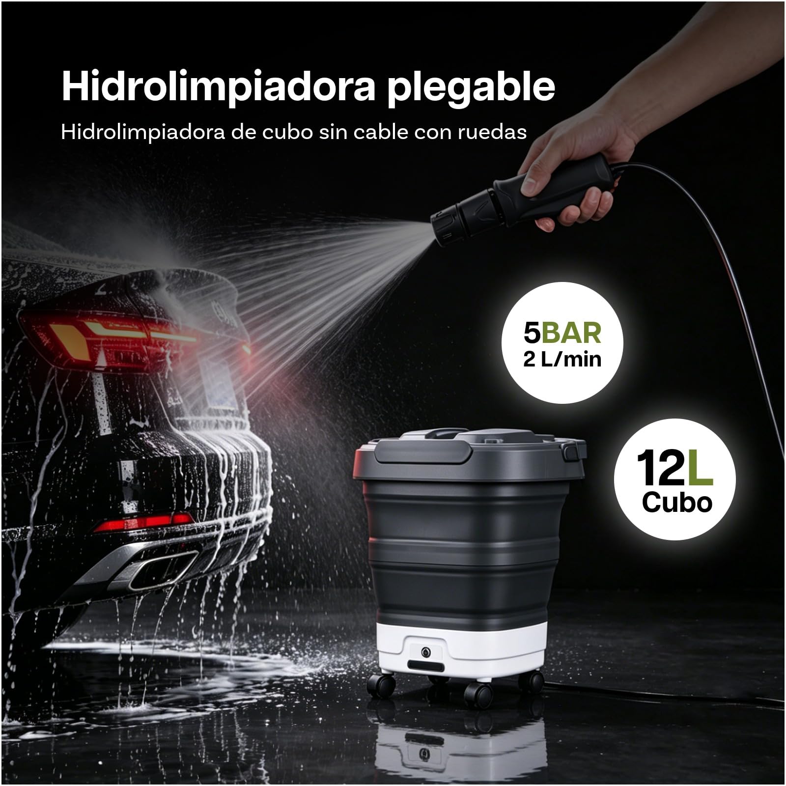 Hidrolimpiadora Portátil Plegable con Depósito de Agua 12L de WanderS – Inalámbrica, Ruedas, Boquilla 4 en 1 y Función de Pulverización Eléctrica – para Coche, Camping, Jardín, Mascotas y Hogar