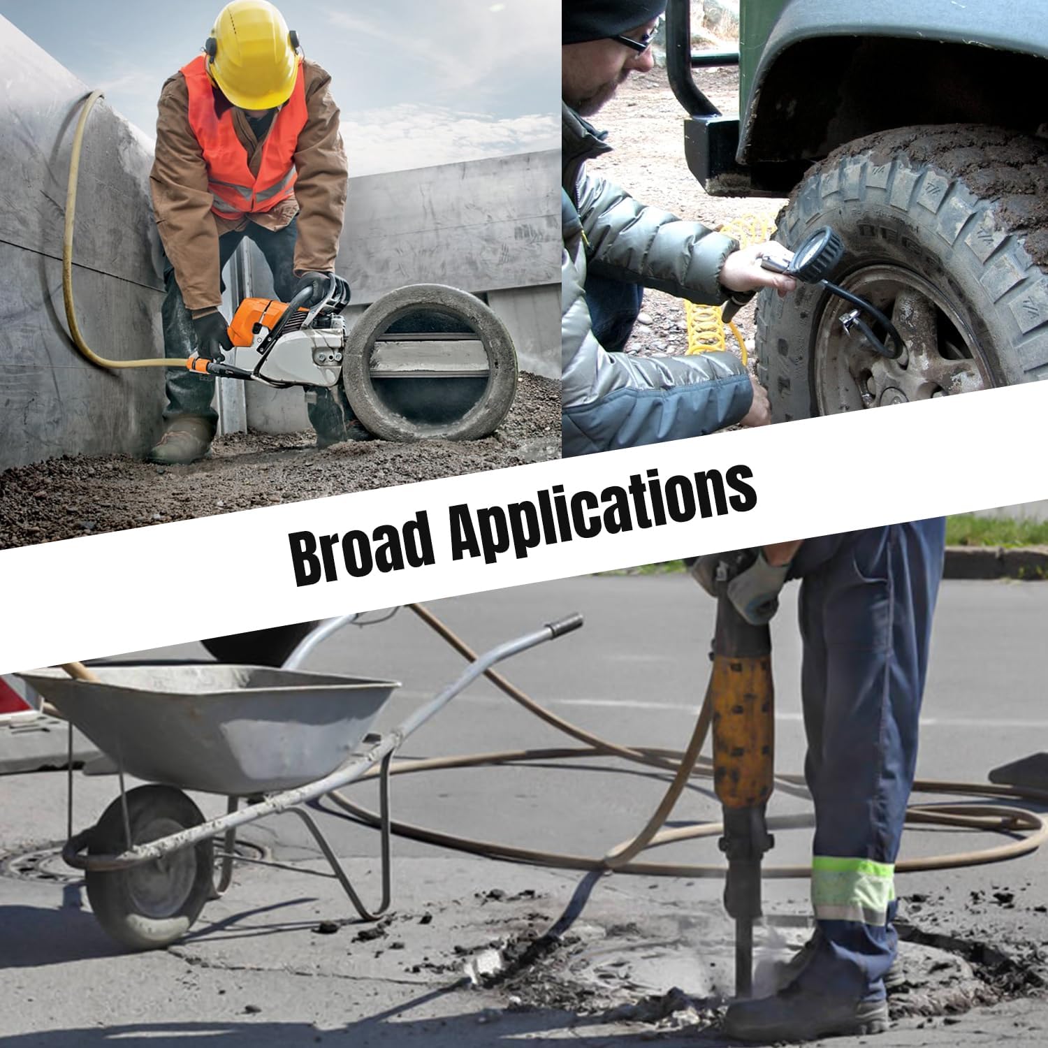 Examples of broad applications: powering a chainsaw, inflating a tire, and operating a jackhammer