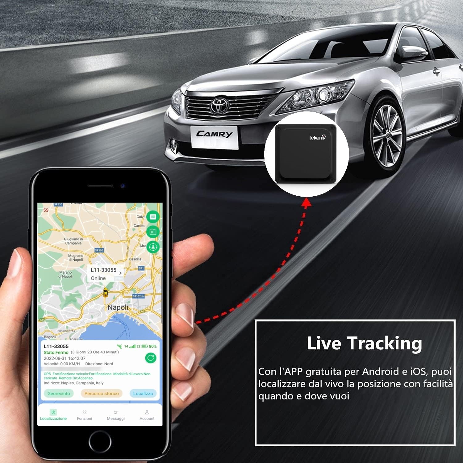 Lekemi L11 Localizzatore GPS Tracker per Auto, Moto, Camion con L'abbonamento più economico di sempre, Allarmi Multipli, Magnete Potente e Batteria da 6000mAh Color Nero