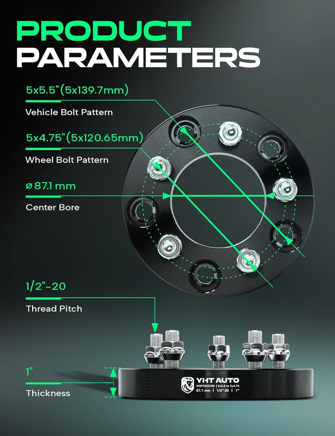 YHTAUTO 5x5.5 to 5x4.75 Wheel Adapters 1 Inch Compatible with Ford F-150 1975-1996, Dodge Ram 1500, Jeep, Tire Adapters w/ 1/2"-20 & 12.9 Grade Studs, 87.1mm Center Bore 5 Lug 4PCS Black