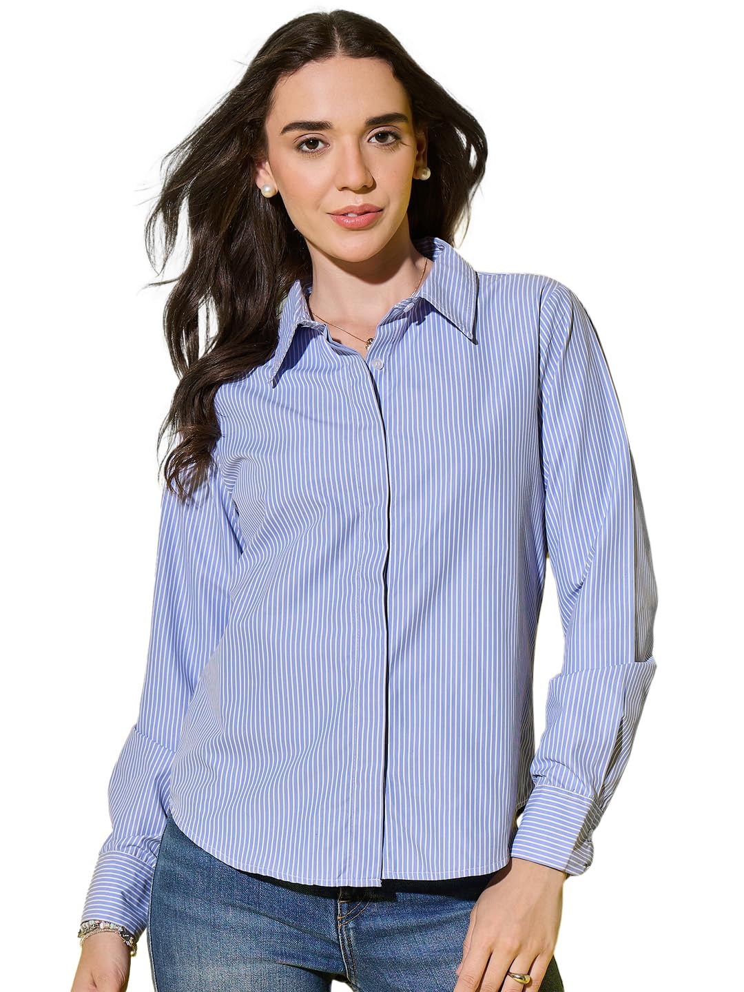 Long Sleeve Classic Blue Casual & Office Wear Style Striped Cotton Shirt for Women-picture-56