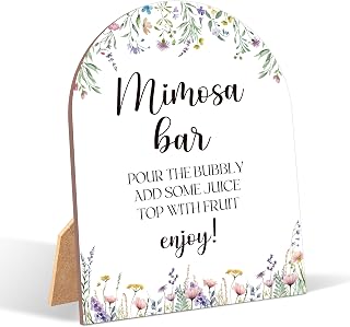 Wildflower Mimosa Bar Sign for Bridal Shower, 6x8 Inch Arch Wooden Signs with Stand, Boho Flowers Bridal Shower Table Sign, Wedding Reception Table Decor, Mimosa Bar Supplies - AD46