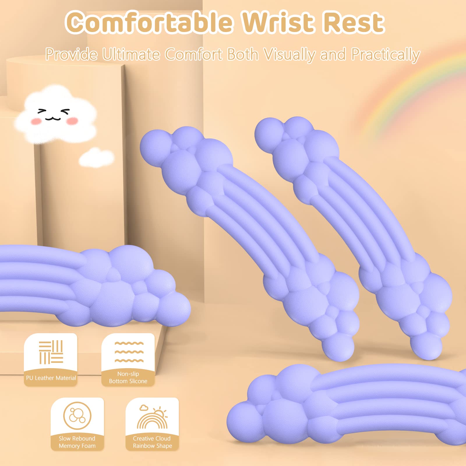 Cloud Wrist Pad, Purple Cloud Palm Rest with PU Leather Memory Foam Cute Keyboard Rest for PC Gaming/Hand Cushion/Computer/Office