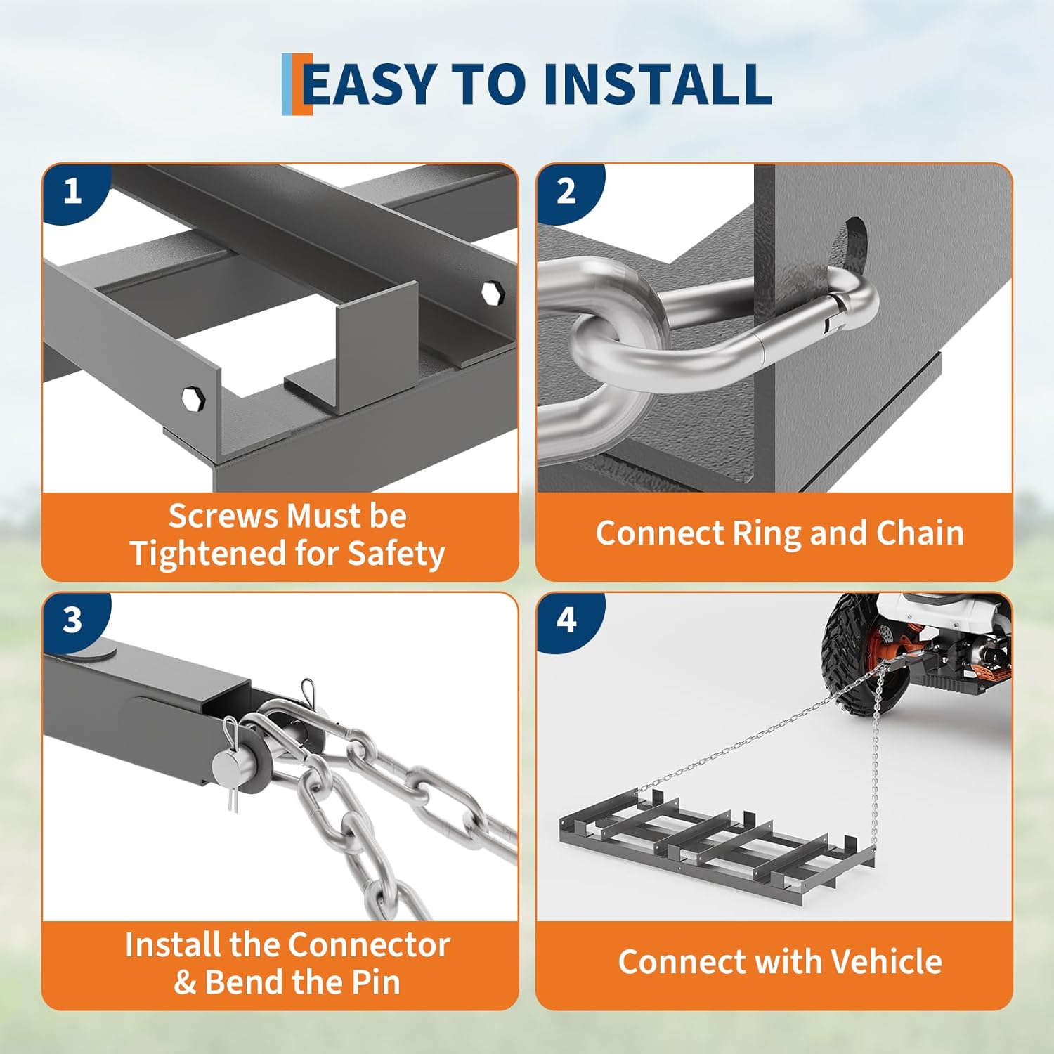 4FT Drag Harrow for ATV, Tractor & UTV, Heavy Duty Tow Behind Driveway Grader with 6FT Chain Link - Landscape Rake for Gravel, Sand, Soil & Hay - Lawn Leveling Tool for Field Yard & Pasture