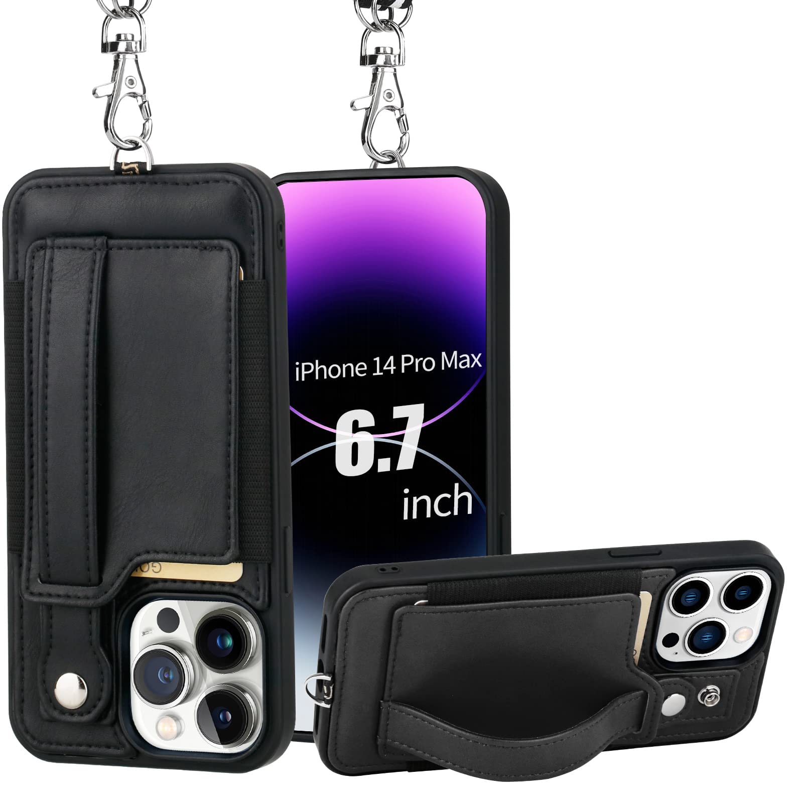 TOOVREN iPhone 14 Pro Max Wallet Case iPhone 14 Pro Max Case with Card Holder Phone Lanyard PU Leather iPhone 14 Pro Max Case with Stand iPhone 14 Pro Max Case for Women & Men 6.7 Inch Black