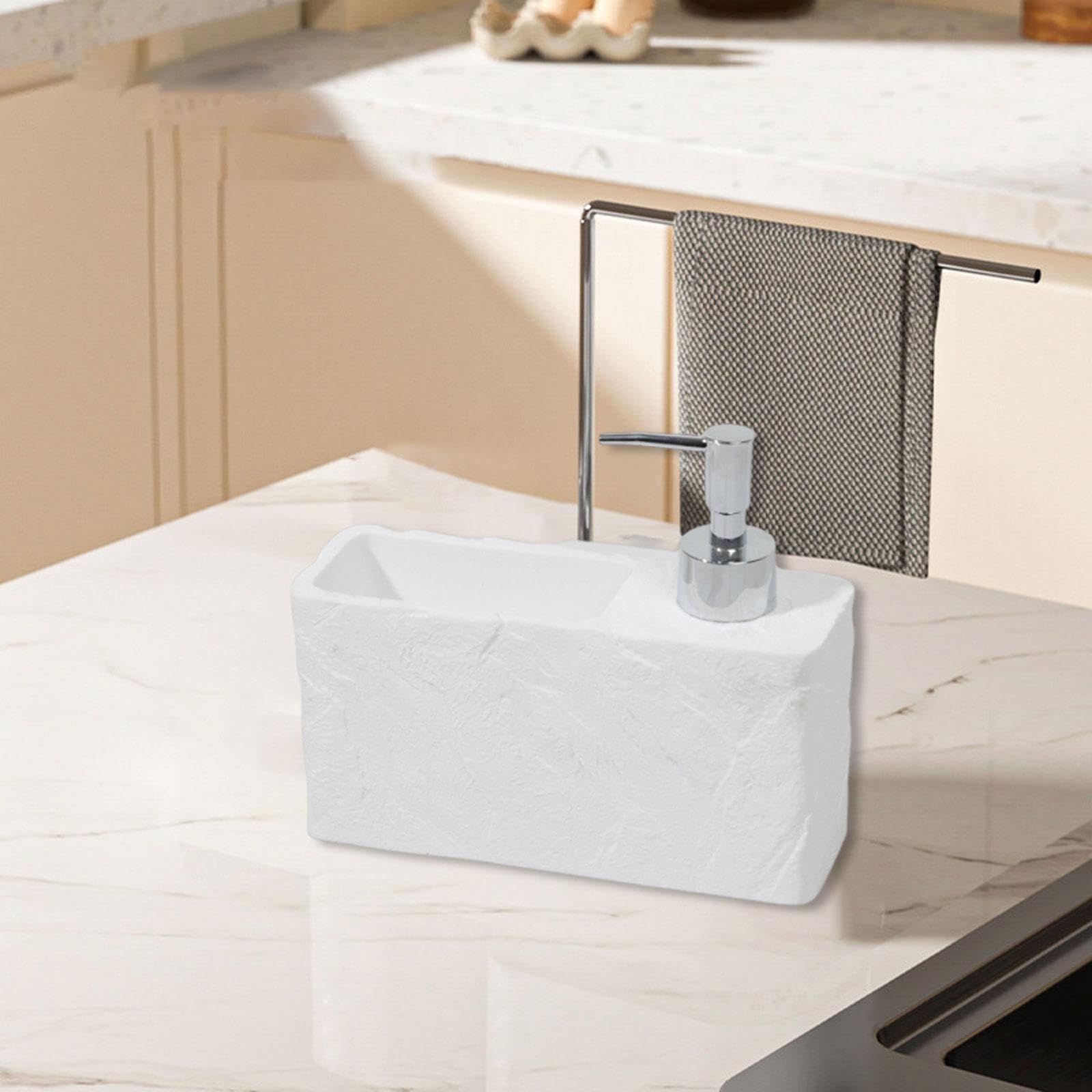 Dispenser di Sapone Liquido Dispenser con Porta Spugna Organizer Multifunzionale in Resina Pompa Erogatrice Accessorio per Cucina Bagno Adatto a Uso D, Bianco