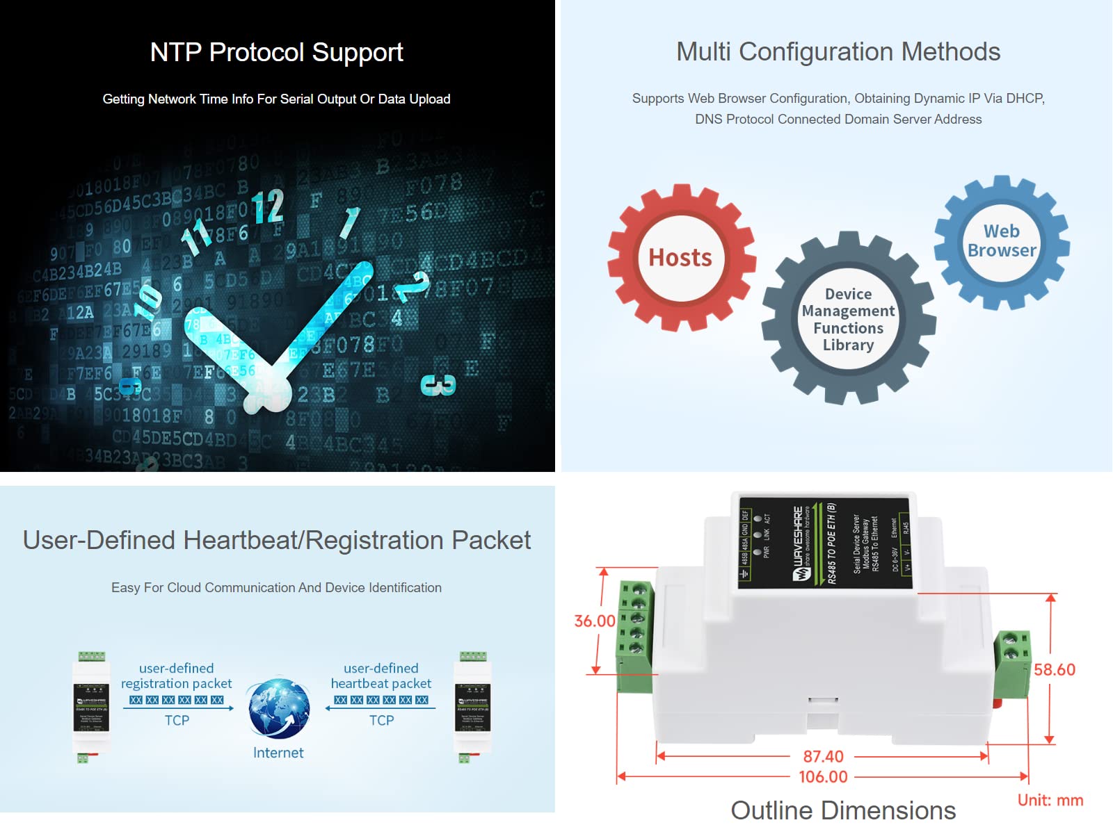 RS485 to RJ45 Ethernet Converter Module, Industrial Rail-mount Isolated RS485 Serial Server,TCP/IP to Serial Module,10 / 100M Auto-negotiation RJ45 Connector,with POE Function