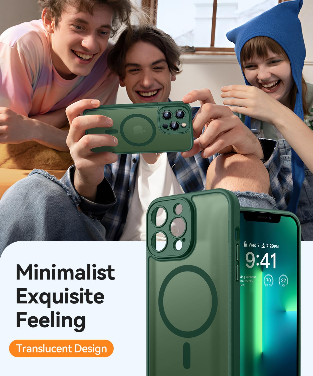 CANSHN Cover Magnetica per iPhone 13 Pro(6,1 Pollici), Compatibile con MagSafe, [Protezione Completa Della Fotocamera], Custodia Traslucida Opaca Protettiva Sottile Antiurto,Verde Profondo