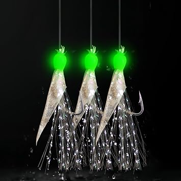 4 Pack Set Mackerel Cod Feathers Sea Fishing Rig 6 Hook Size 2/0 Shrimp Jigs Pier Boat Lure Herring Pollock Whiting Pre Tied 10 Hooks Flashes Luminous Bead Prawn Shrimp Glow Green Pink Purple Red