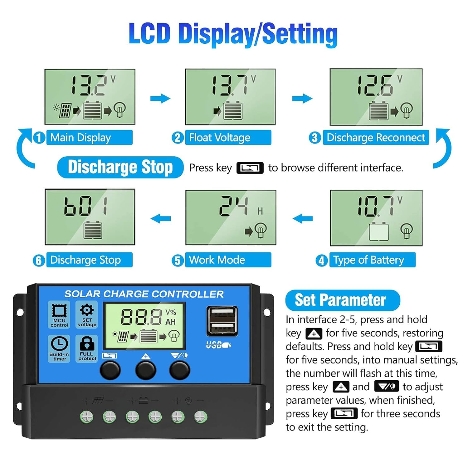 HASTHIP® 20A 12V to 24V Solar Charge & Panel Controller,Intelligent Regulator with Dual USB Port 5V Light Timer Control and LCD Display - Image 3 thumbnail