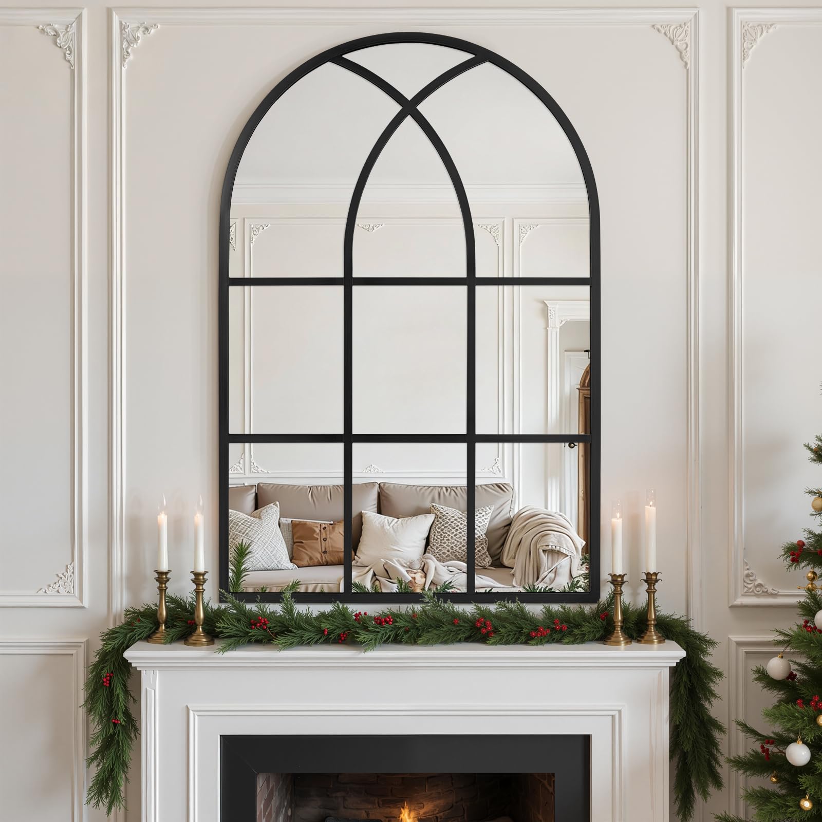 Arched Window pane Wall Mirror 30"x40", Window Shaped Farmhouse Style with Aluminum Frame, Decorative Wall Mirror Leaning Hanging for Living Room, Courtyard, Bedroom, Entryway, Black