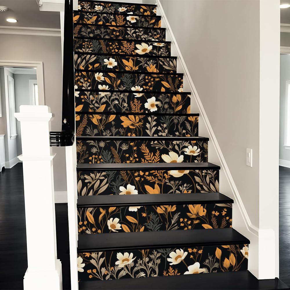REDAMANCY Boho Brown Beige Wildflower Peel and Stick Vinyl Stair Riser Decals Staircase Tile Stair Stickers Abstract Art Modern Decoration Self-Adhesive Home Decor Stair Decals (14 Pcs)