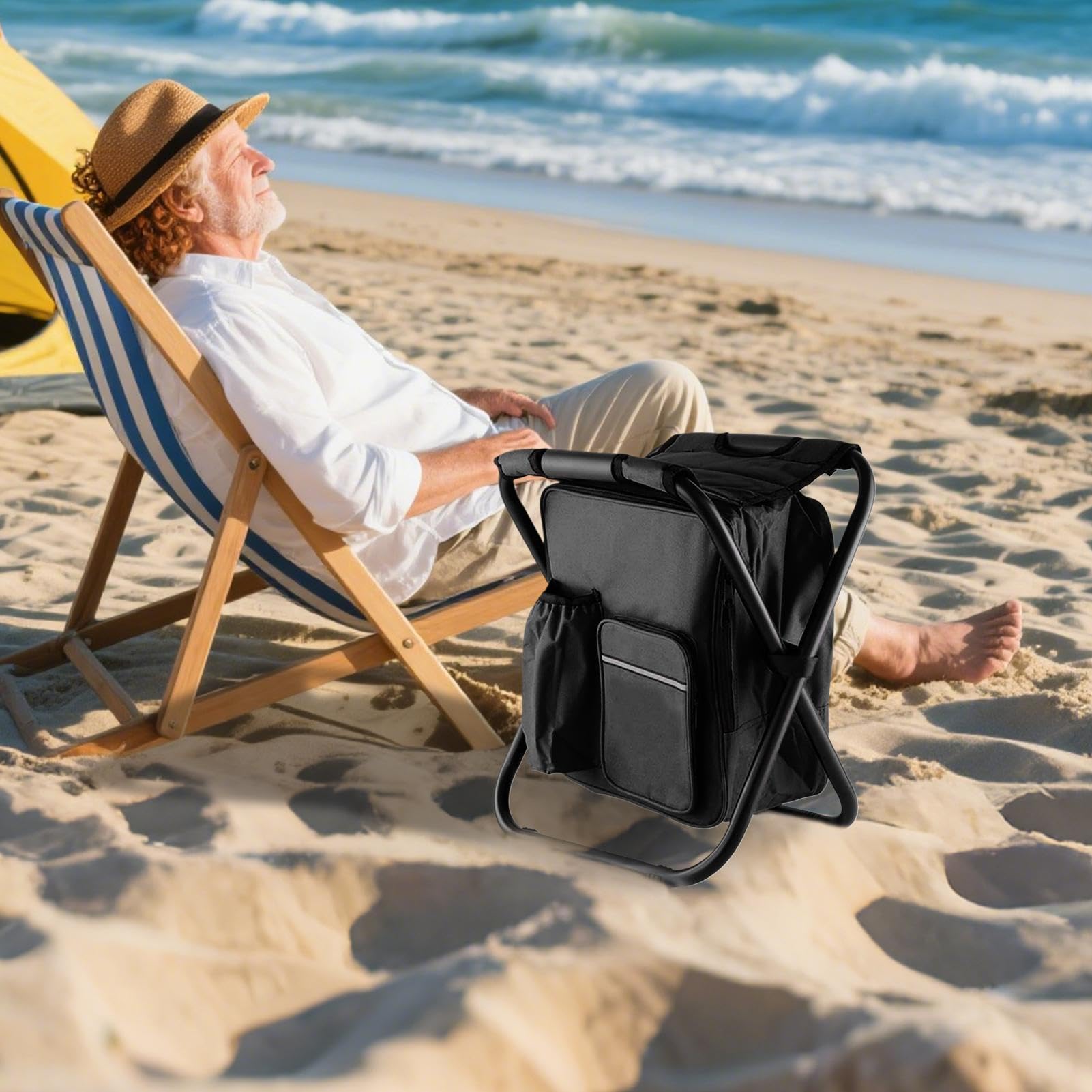 Sgabello Pieghevole Portatile Seduta Da Esterno Con Borsa Termica Isolante | Sedia da Pesca con Zaino Incluso Per All'Aperto In Giardino, Campeggio, Spiaggia, Viaggio, Pesca E Balcone