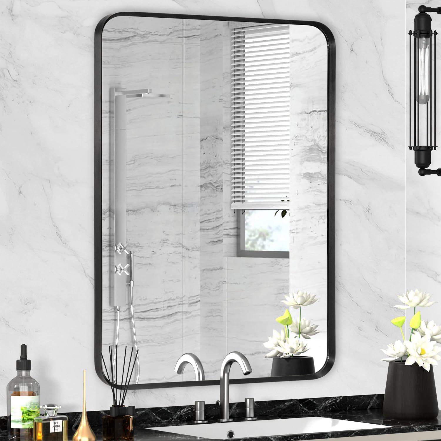Black Bathroom Mirror 22x30in, Metal Framed Rounded Rectangle Wall