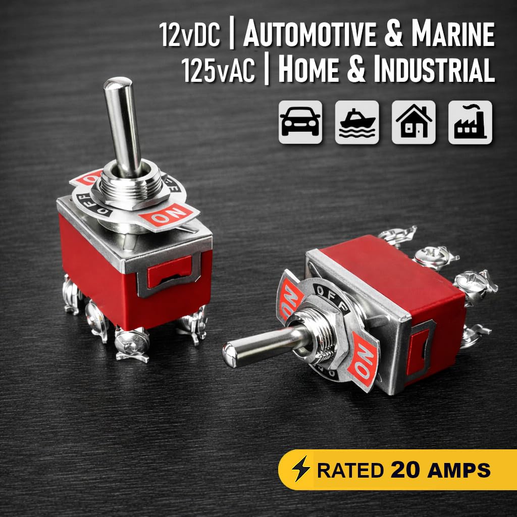 MGI SpeedWare Dual Momentary Metal Toggle Switch with Waterproof Cover | 20 Amp at 12VDC 125VAC | (ON)/Off/(ON), 5-Pack
