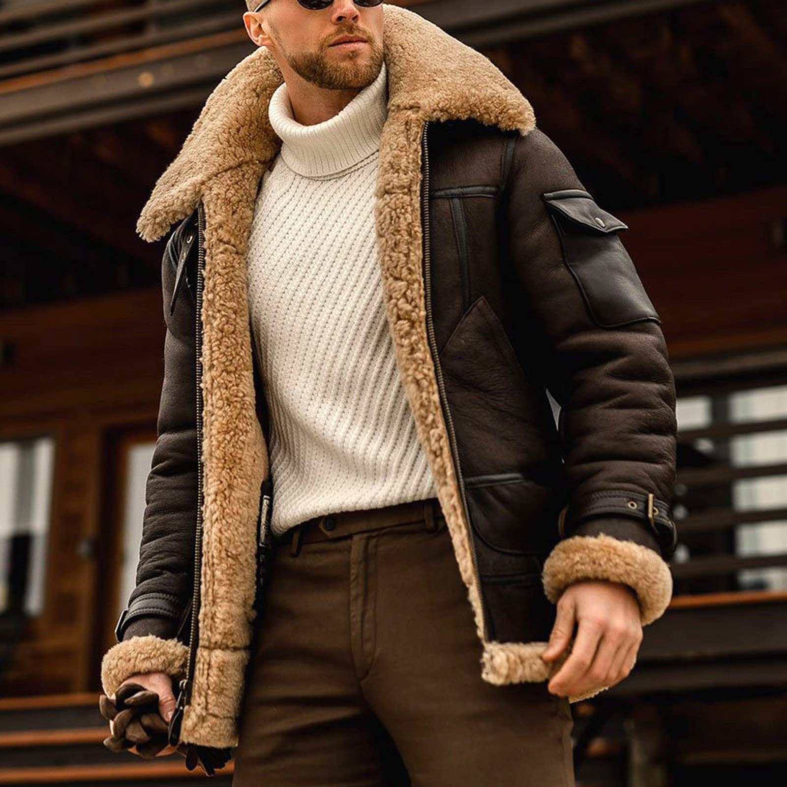 Chaquetas de invierno para hombre, de piel sintética, con forro polar, acogedora, chaqueta bomber Sherpa con bolsillos, cuello de solapa de poliuretano, gabardina resistente al viento, chaqueta de