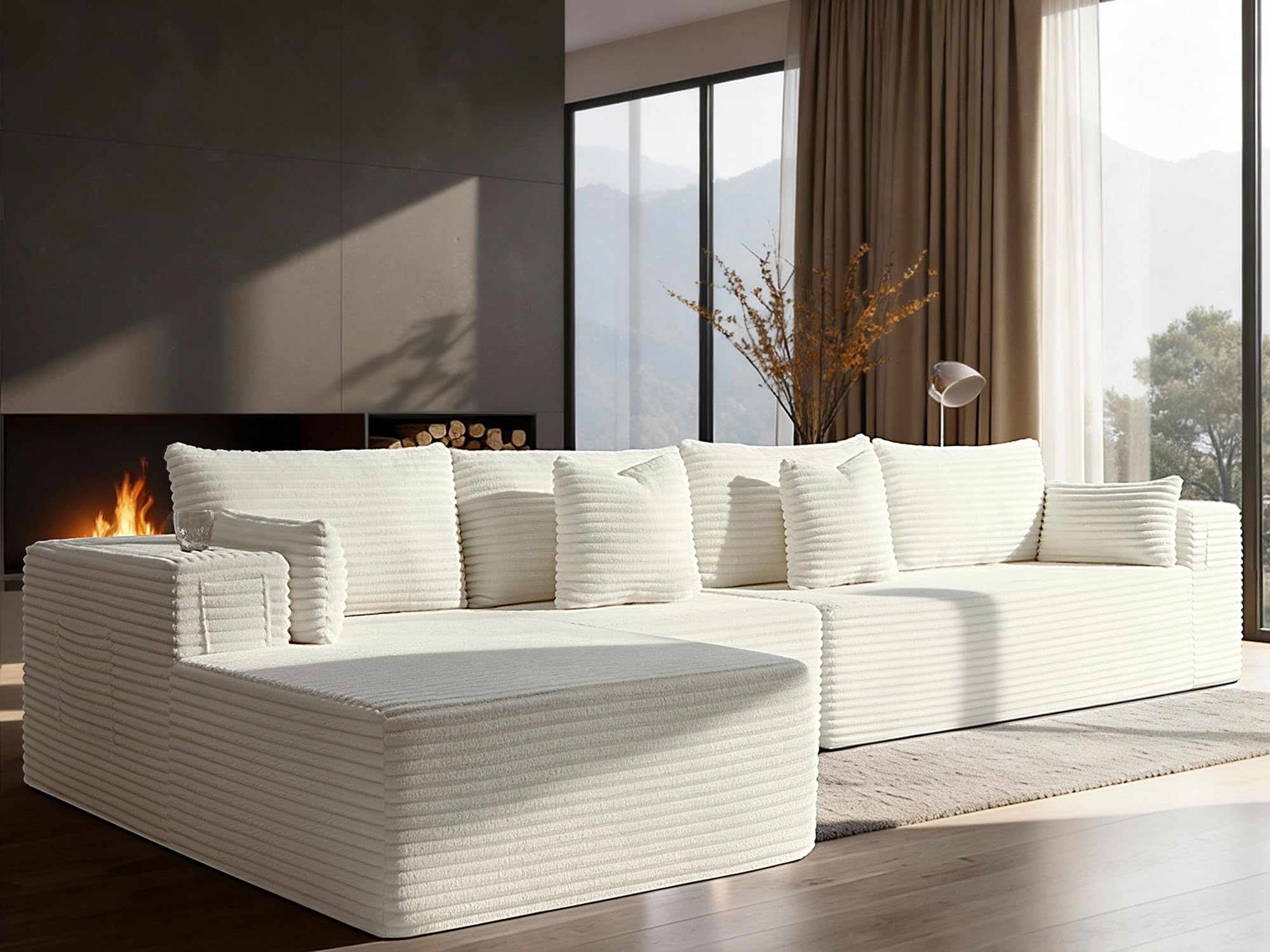 138" Cloud Sectional Couch, Comfort L Shaped Boneless Couch for Living Room, Extra Deep Seats No Assembly, Minimalist Modular Sofa, Corduroy (Cream, 3 Seater+Left Facing Chaise)