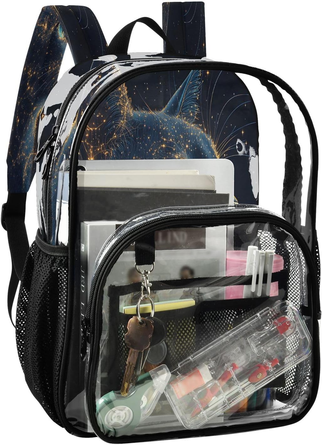 Cat Constellation Space Black Clear Backpack Heavy Duty See Through Transparent PVC BookBag for Kids Boy Girl Adult School Work