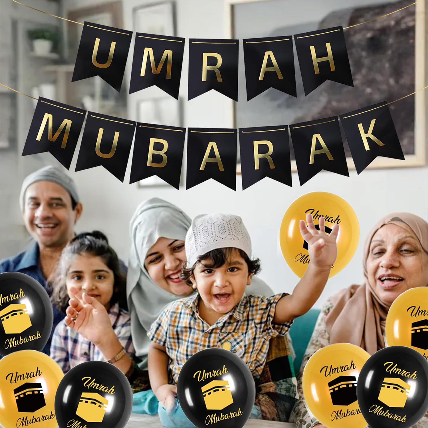 Umrah Mubarak Decoration Set, Black Gold Umrah Mubarak Banner and 10 Pcs Umrah Mubarak Balloons, Eid Ramadan Decorations - Image 4