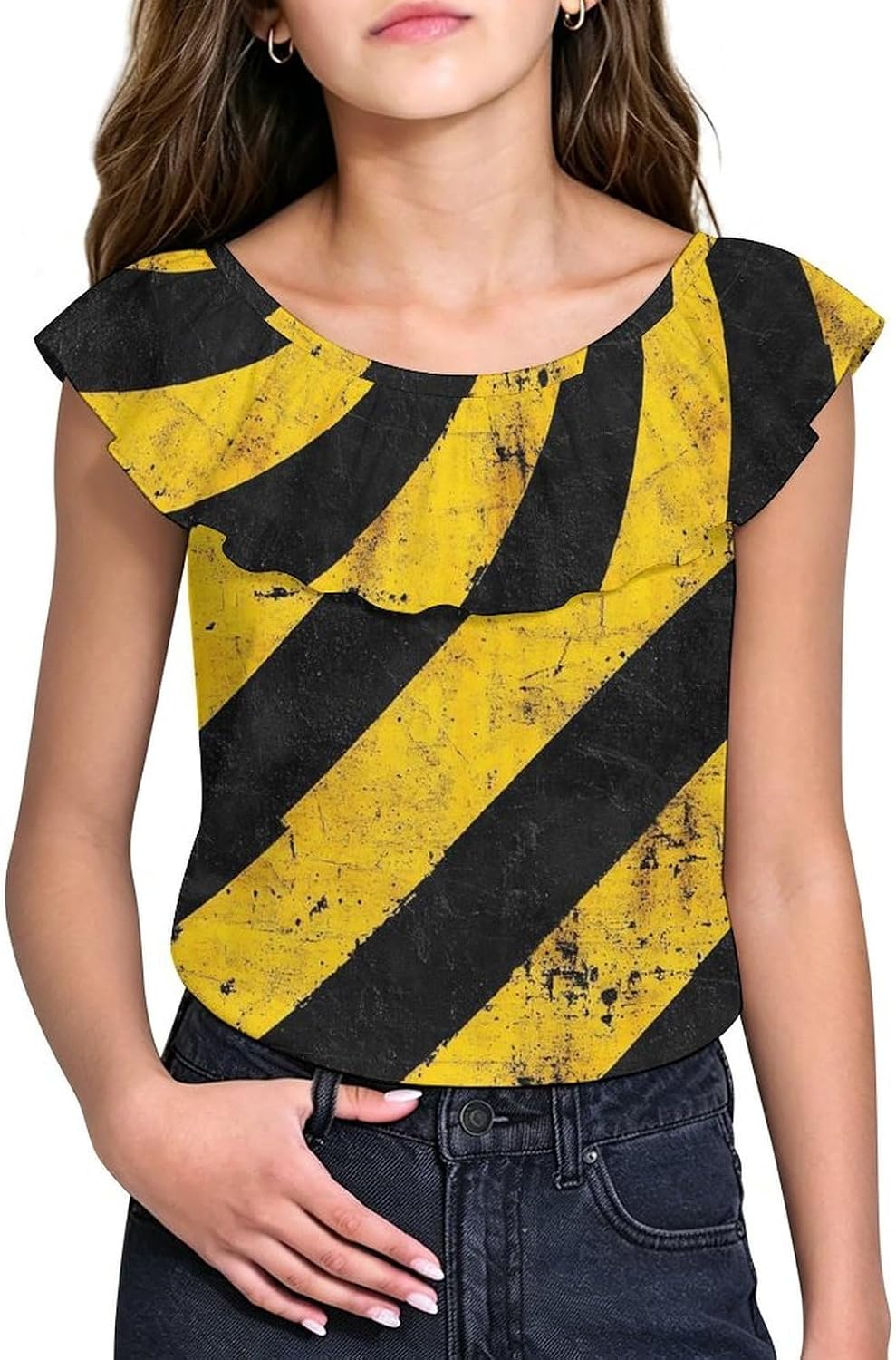 Hazard Warning Black Yellow Striped Girls T-Shirts Top Ruffle Short Sleeve Blouse Casual Graphic Tees