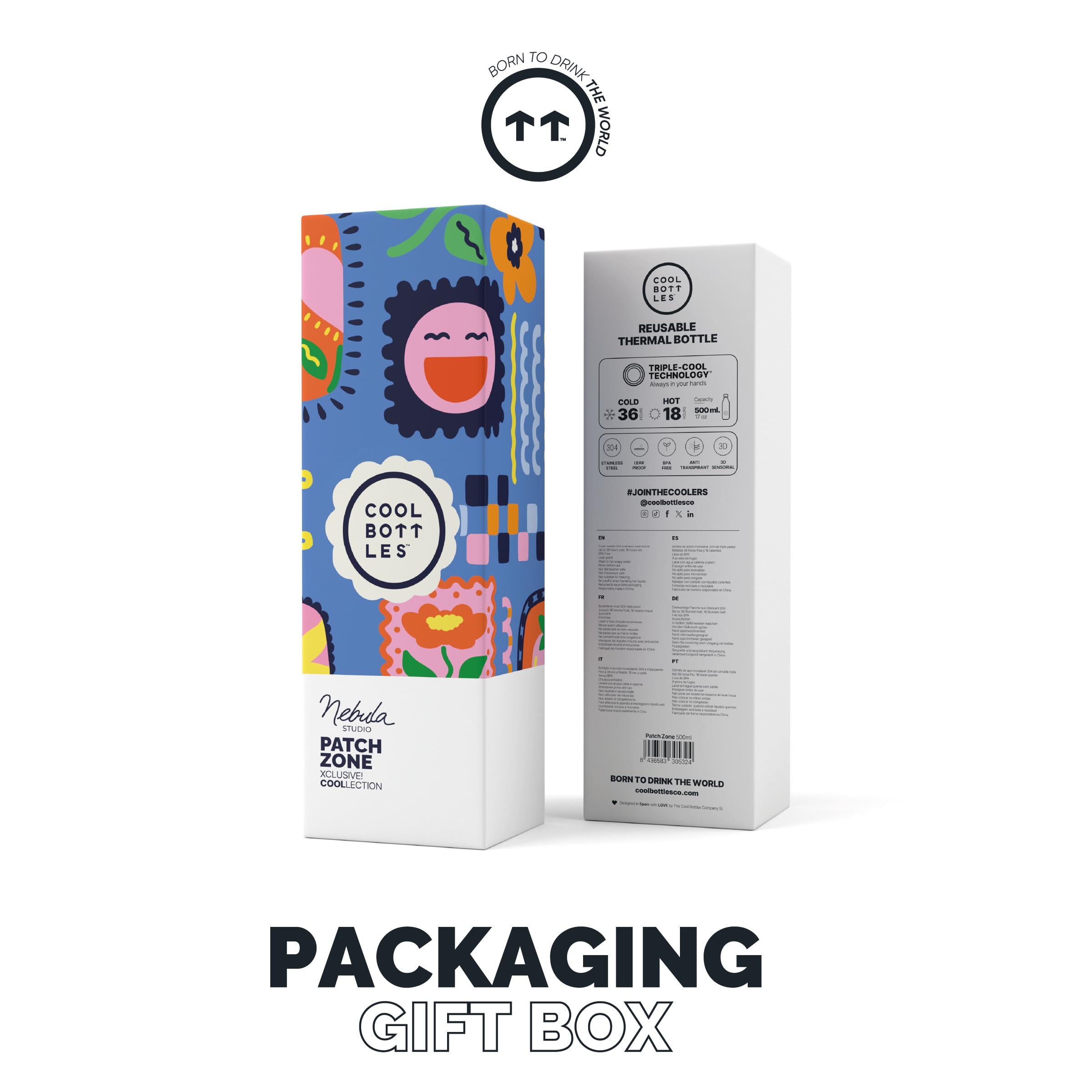 Cool Bottles - Borraccia Termica - 500 ml - Patch Zone x Nebula - Bottiglia d'Acqua in Acciaio Inox - Bevande Fredde per 36 ore e Calde per 18 - Finitura con Stampa 3D - Senza BPA | Bevande fredde 36 ore e calde 18 ore, finitura esclusiva stampa 3D, accia