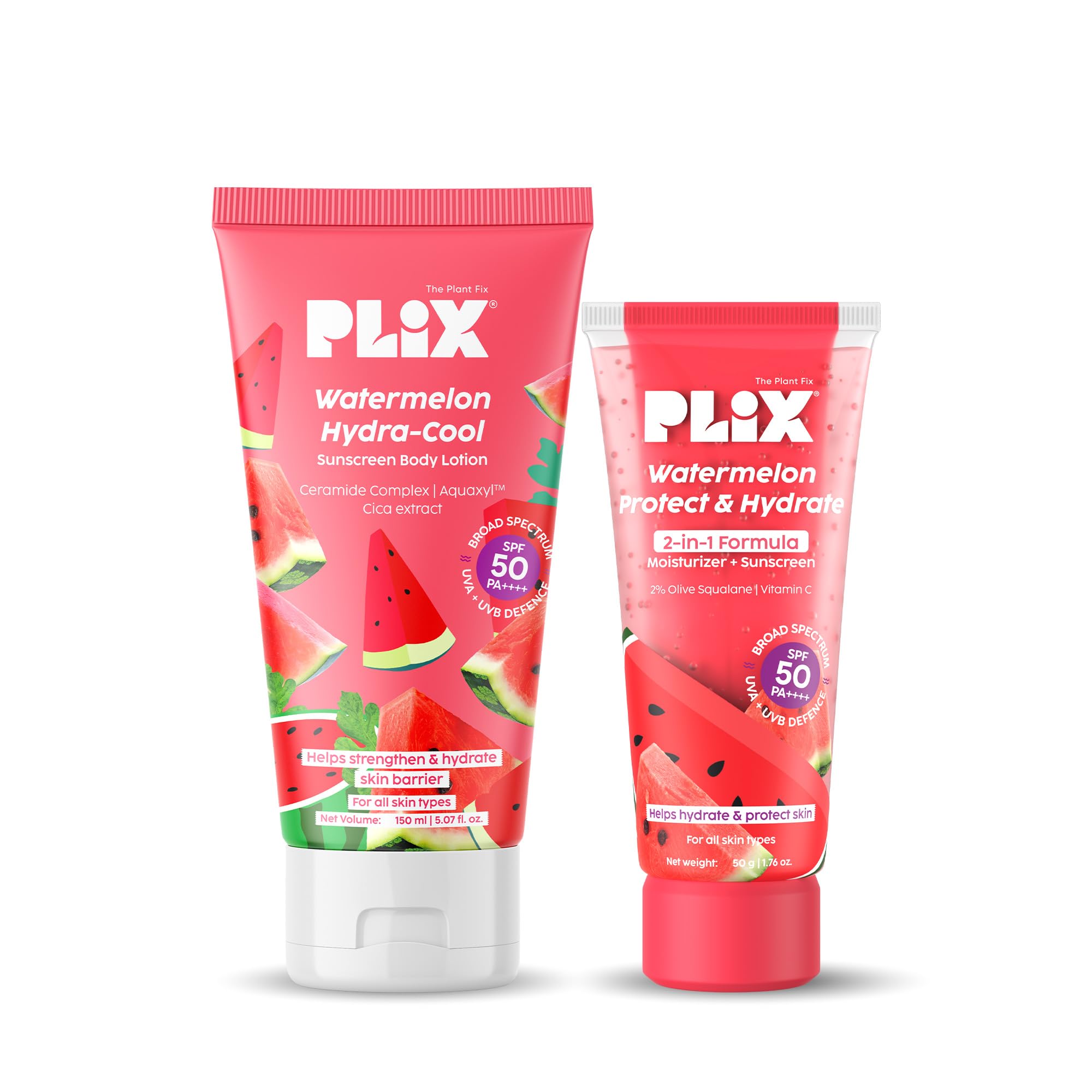 PLIX- THE PLANT FIX Watermelon Hydra-Cool Body Lotion + Dual Sunscreen Combo | SPF 50 PA++++ | Ceramides + Squalane + Vitamin C | Broad Spectrum UVA, UVB Protection | Lightweight Hydration | For All Skin Types
