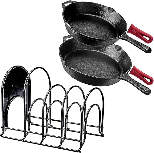 Juego de sartenes de hierro fundido, 10 + 12 pulgadas + organizador de sartenes resistente + 2 soportes de silicona resistentes al calor, utensilios