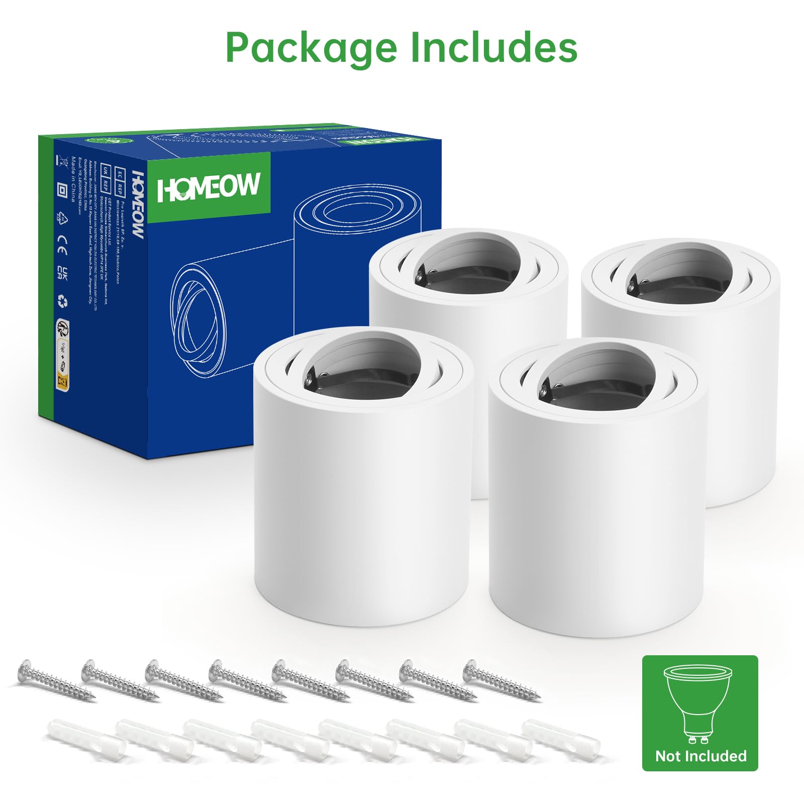 HOMEOW Focos LED Interior Techo Superficie, Pack of 4 Foco de Techo Blanco, Focos Superficie Orientable de Aluminio para Módulos GU10 y LED, Redonda