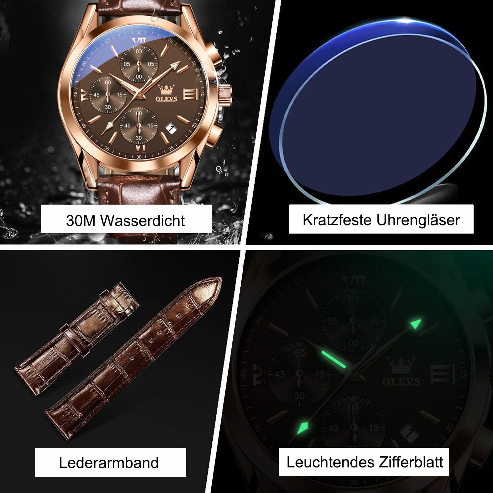 OLEVS Vintage Herrenuhren mit Lederarmband Großes Zifferblatt Armbanduhr Herren Wasserdicht Leuchtende Analog Kleid Uhren Herren mit Datumsanzeige